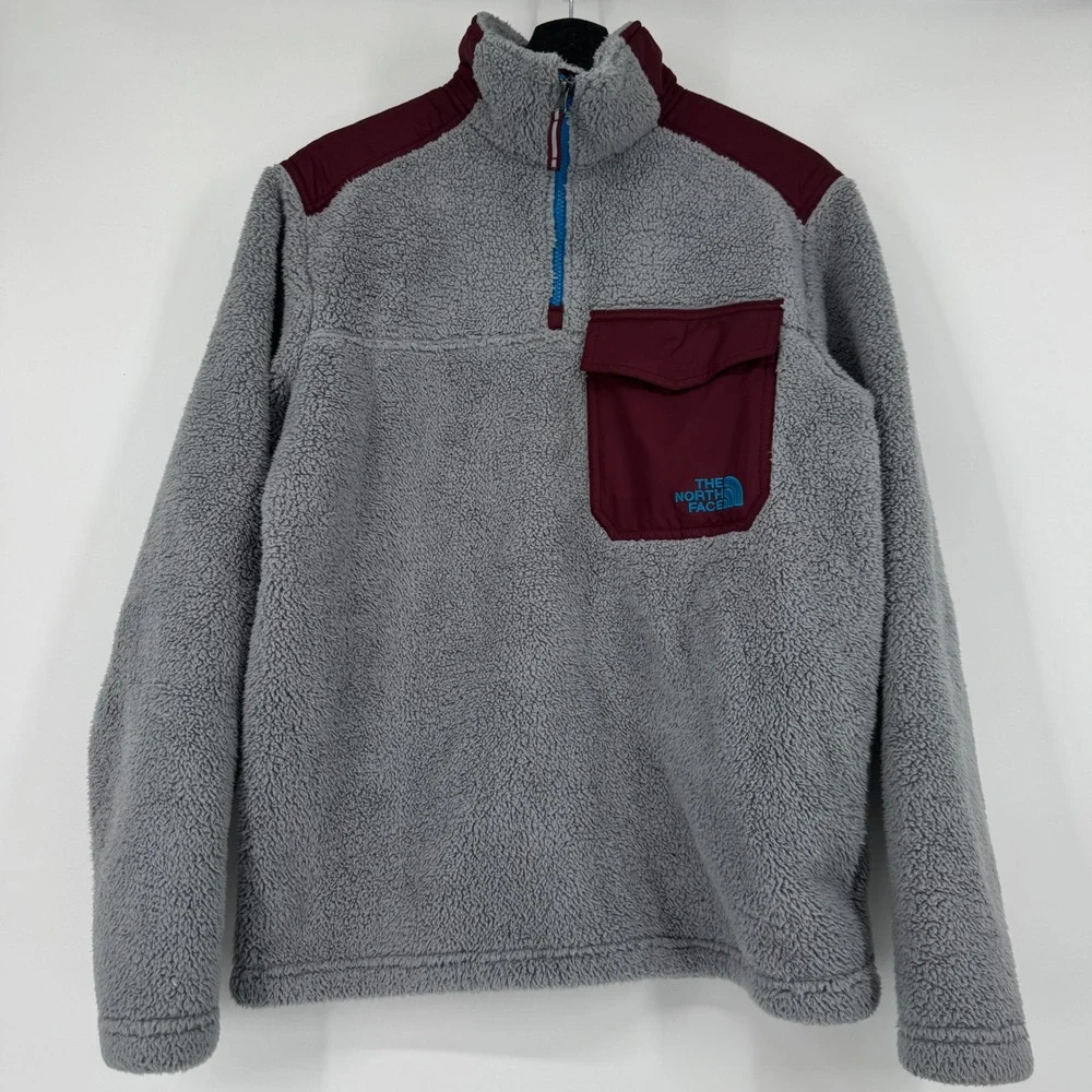 The North Face Mens Gray Maroon Sherpa Fleece 1/4 Zip Pullover Jacket Small